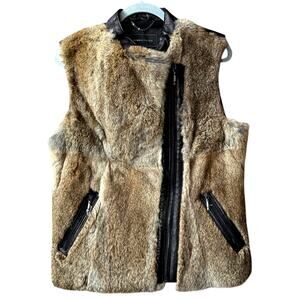 BcbgMaxazria 100% Leather and Real Rabbit Fur Vest Size L Asymmetrical Zippper